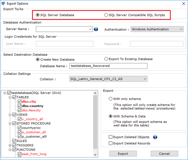 Select an export option from options available on the SQL database recovery software