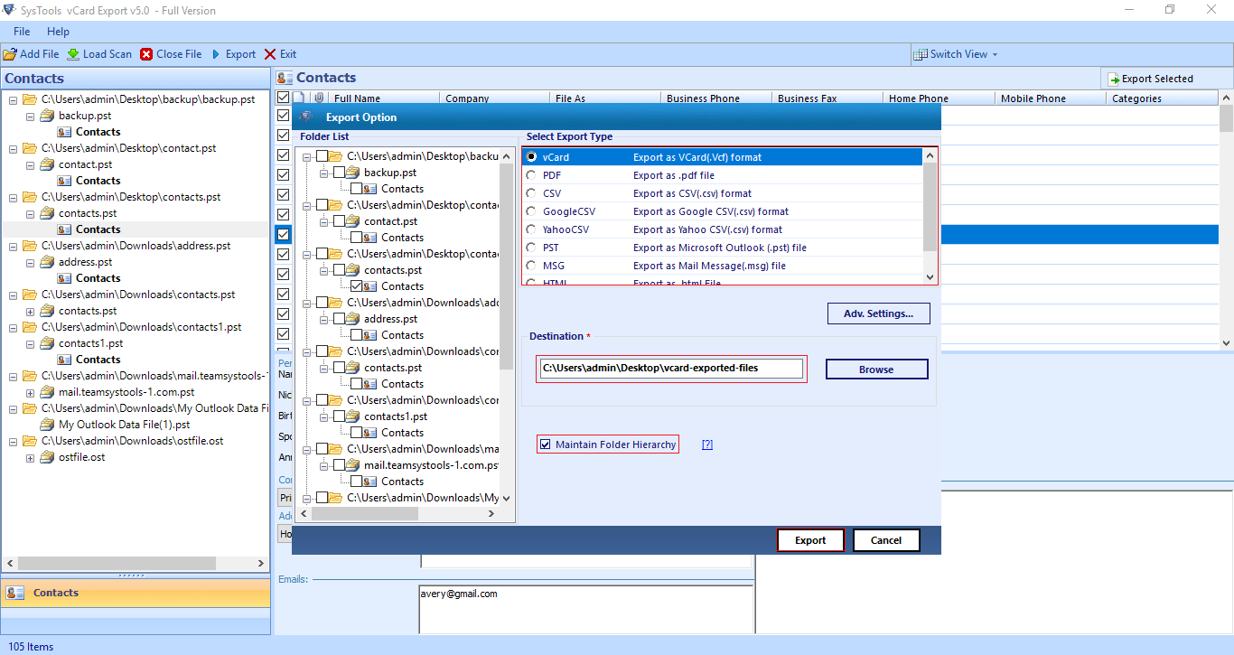 process to export Outlook contacts to single VCF file begins
