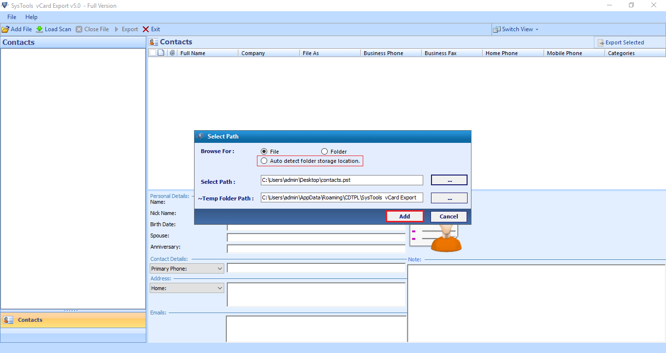 select a psd file to export outlook contacts