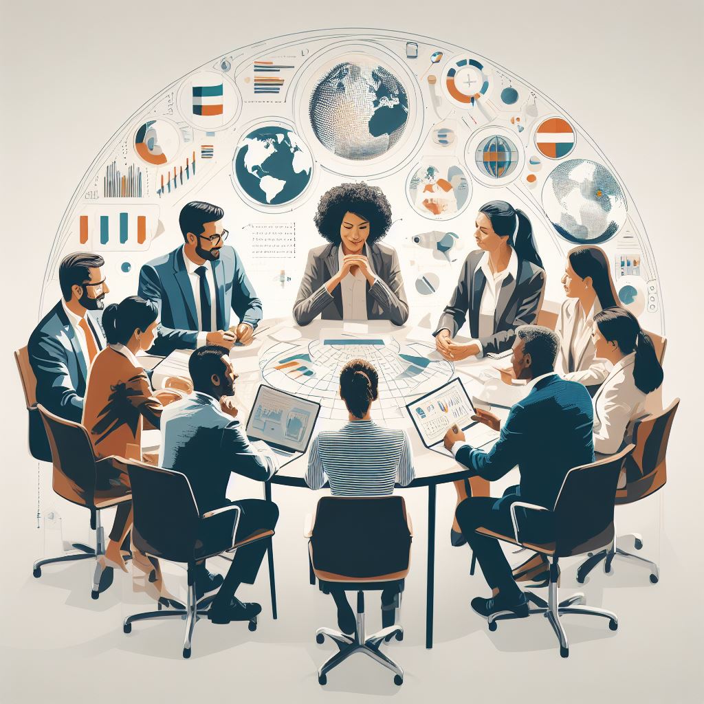 An image of a diverse group of professionals working together at a conference table. Each team member represents a different cultural background, signifying a global team. They are engaged in a productive discussion, emphasizing effective communication.